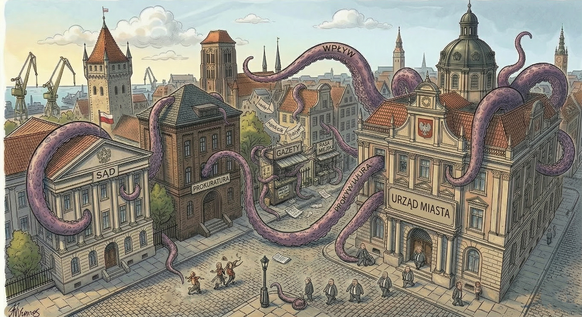 Ośmiornica oplatająca instytucje Gdańska — ilustracja symbolizująca sieć wpływów